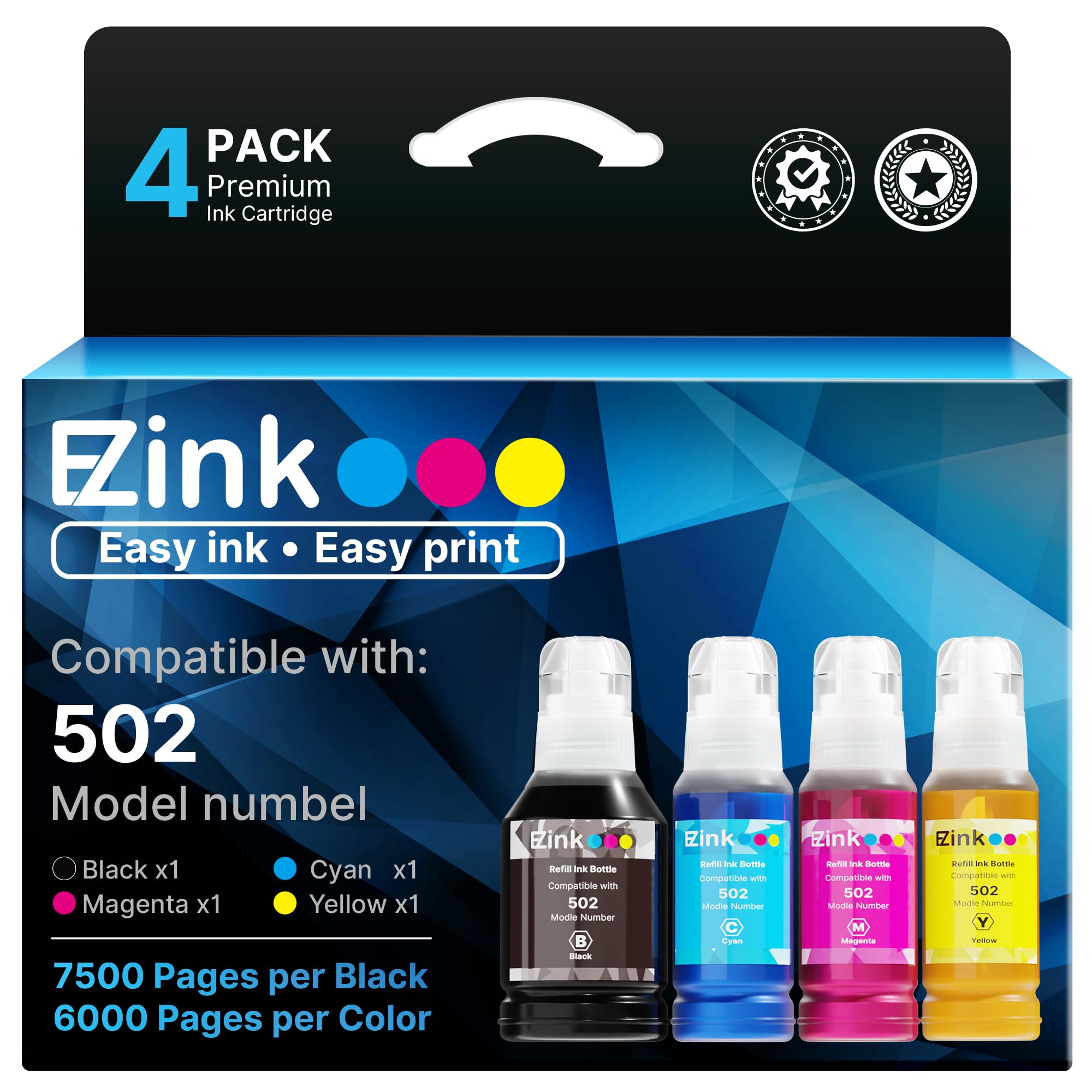 E-Z Ink Refill Ink Bottle Replacement Compatible for Epson 502 T502 522 T522 High Yield to use with ET-4760,ET-3760,ET-2760,ET-3710,ET-2750,ET-3700 Printer (Black, Cyan, Magenta, Yellow, 4 Pack)