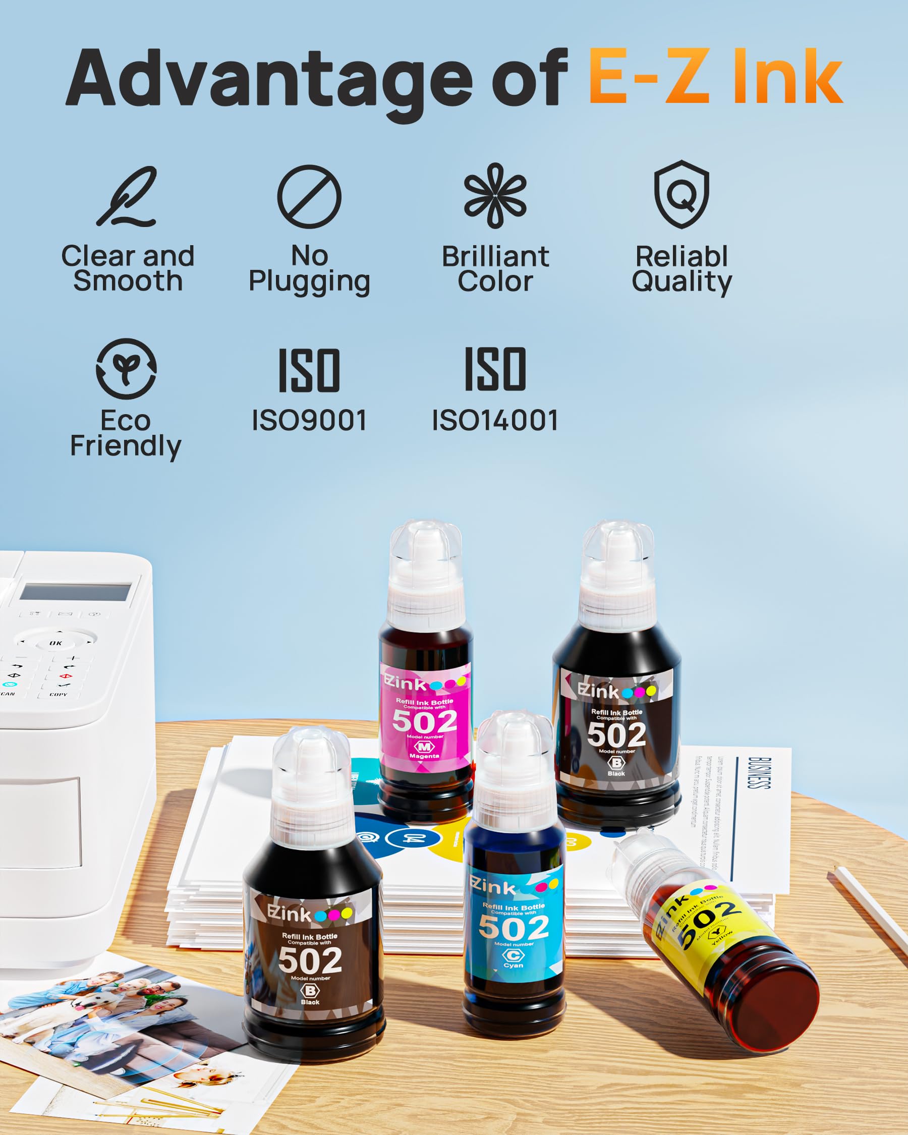 E-Z Ink Compatible 502 Ink Refill Bottles Compatible for Epson 502 Ink Refill Bottles T502 522 T522 High Capacity to Use with Epson ET-3850 ET-2850 ET-4850 ET-2800 ET-2760 ET-3760(5 Bottles) - Image 5