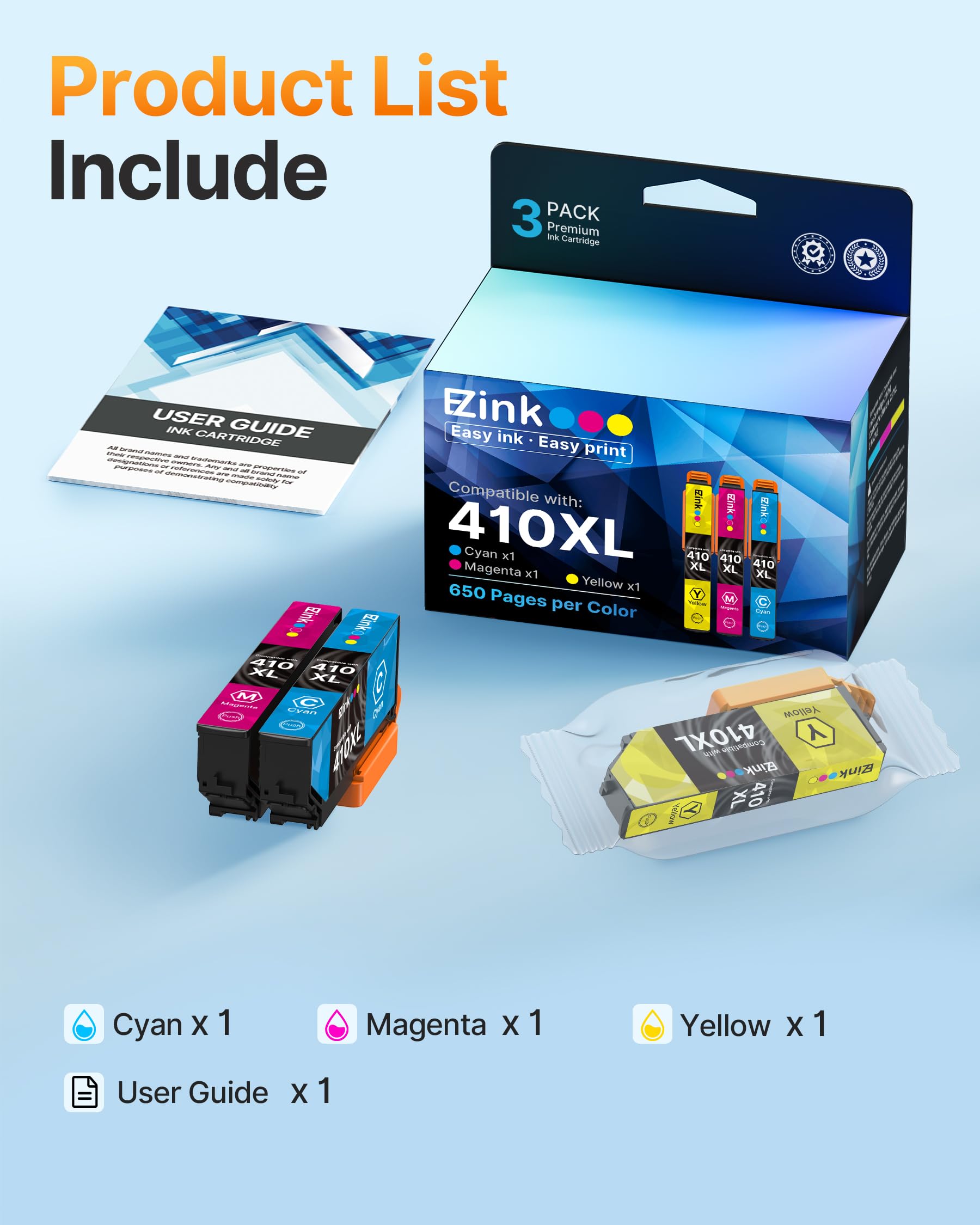 E-Z Ink Remanufactured for Epson 410XL 410 XL T410XL Ink Cartridges Cyan Magenta Yellow to use with Expression XP-830 XP-7100 XP-530 XP-640 XP-630 XP-635 Printer (1C, 1M, 1Y, 3 Pack) - Image 6