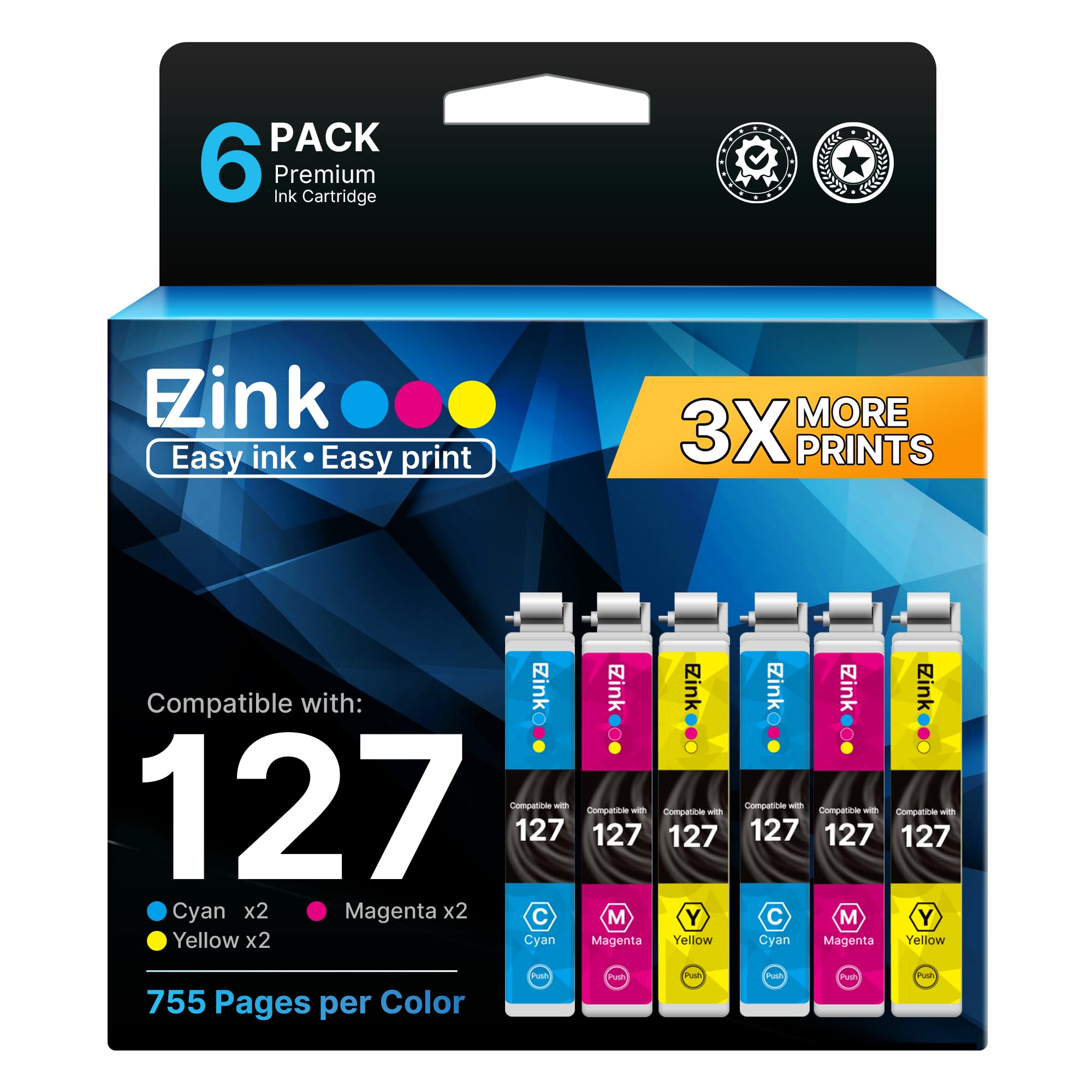 E-Z Ink Remanufactured Ink Cartridge Replacement for Epson 127 T127 to use with NX530 625 WF-3520 WF-3530 WF-3540 WF-7010 WF-7510 7520 545 645 (2 Cyan, 2 Magenta, 2 Yellow) 6 Pack