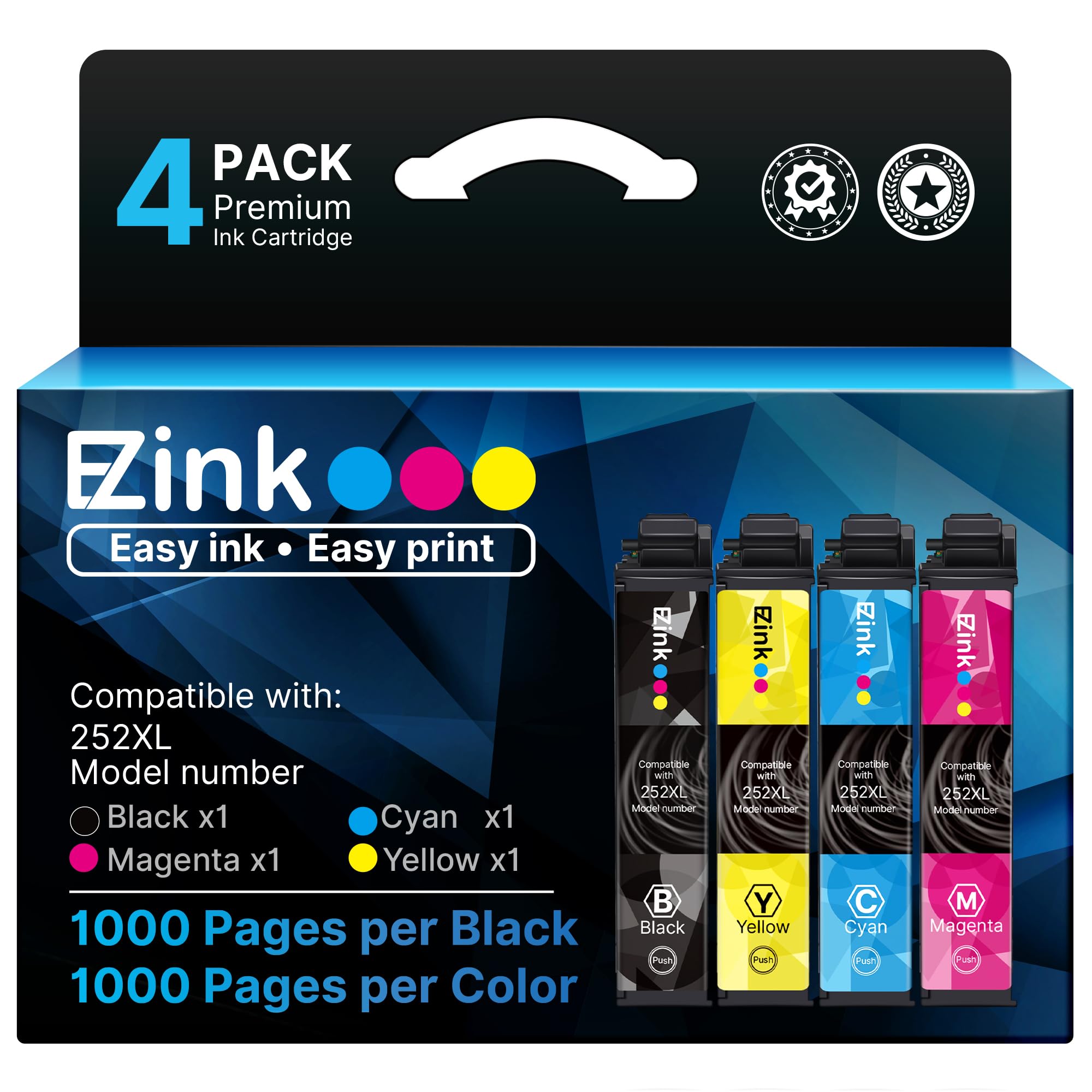 E-Z Ink (Remanufactured Ink Cartridge Replacement for Epson 252XL 252 XL T252XL120 to use with Workforce WF-7110 WF-7720 WF-7710 WF-3620 WF-3640 (1 Large Black, 1 Cyan, 1 Magenta, 1 Yellow) 4 Pack