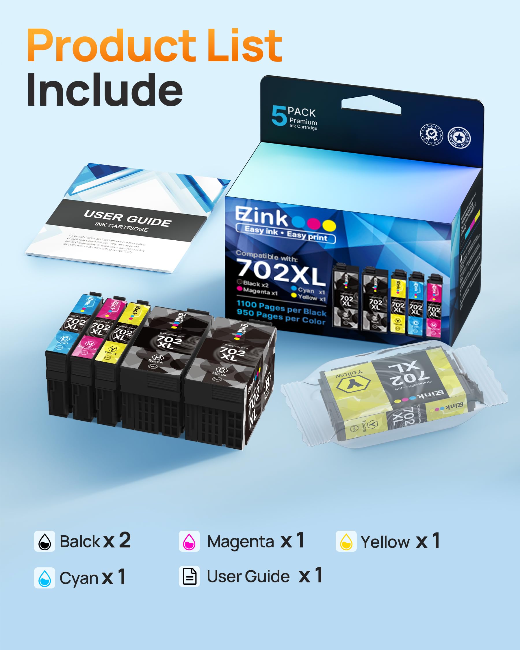 E-Z Ink Remanufactured Ink Cartridge Replacement for Epson 702XL 702 T702XL T702 to use with Workforce Pro WF-3720 WF-3733 WF-3730 Printer (5 Pack) - Image 6