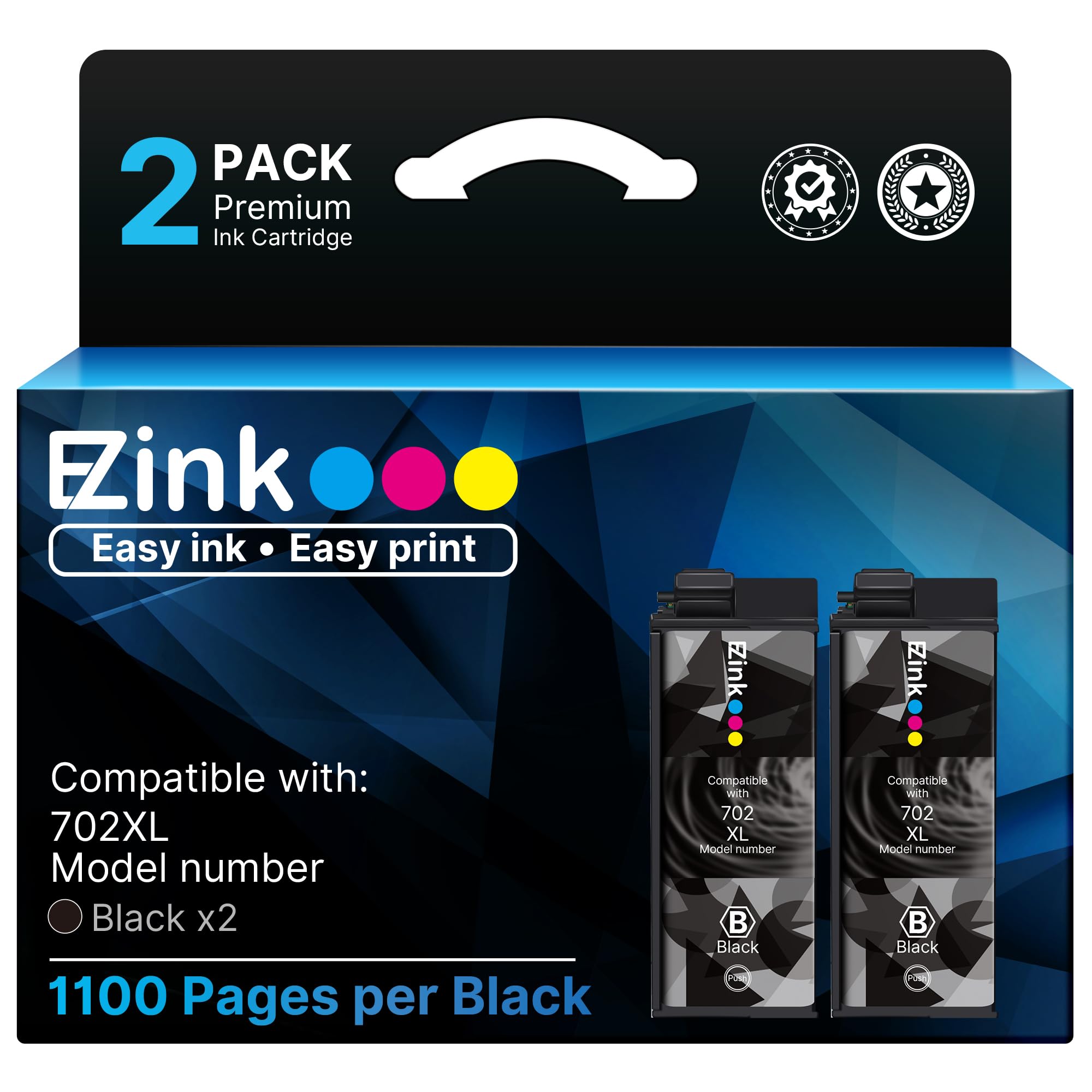 E-Z Ink Remanufactured Ink Cartridge Replacement for Epson 702XL Black Ink Cartridge T702XL 702 T702 Ink to use with Workforce Pro WF-3720 WF-3730 WF-3733 Printer (2 Pack, Black)