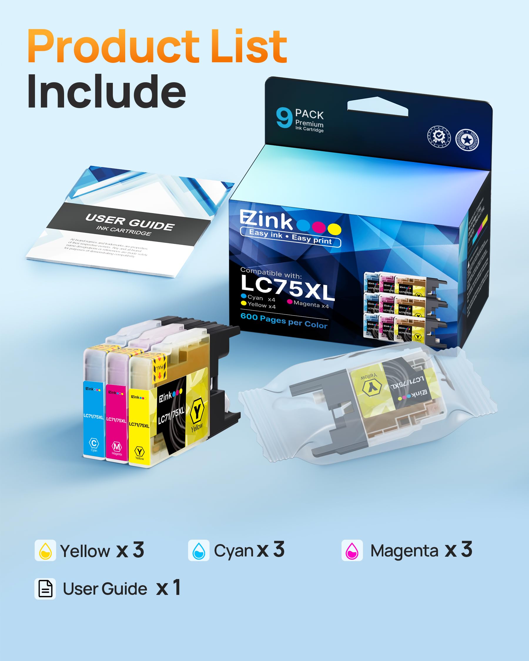 E-Z Ink (TM Compatible Ink Cartridge Replacement for Brother LC75 LC71 LC79 XL LC-75 LC LC-71 Compatible with MFC-J6510DW MFC-J6710DW MFC-J6910DW MFC-J280W (3 Cyan, 3 Magenta, 3 Yellow) 9 Pack - Image 5