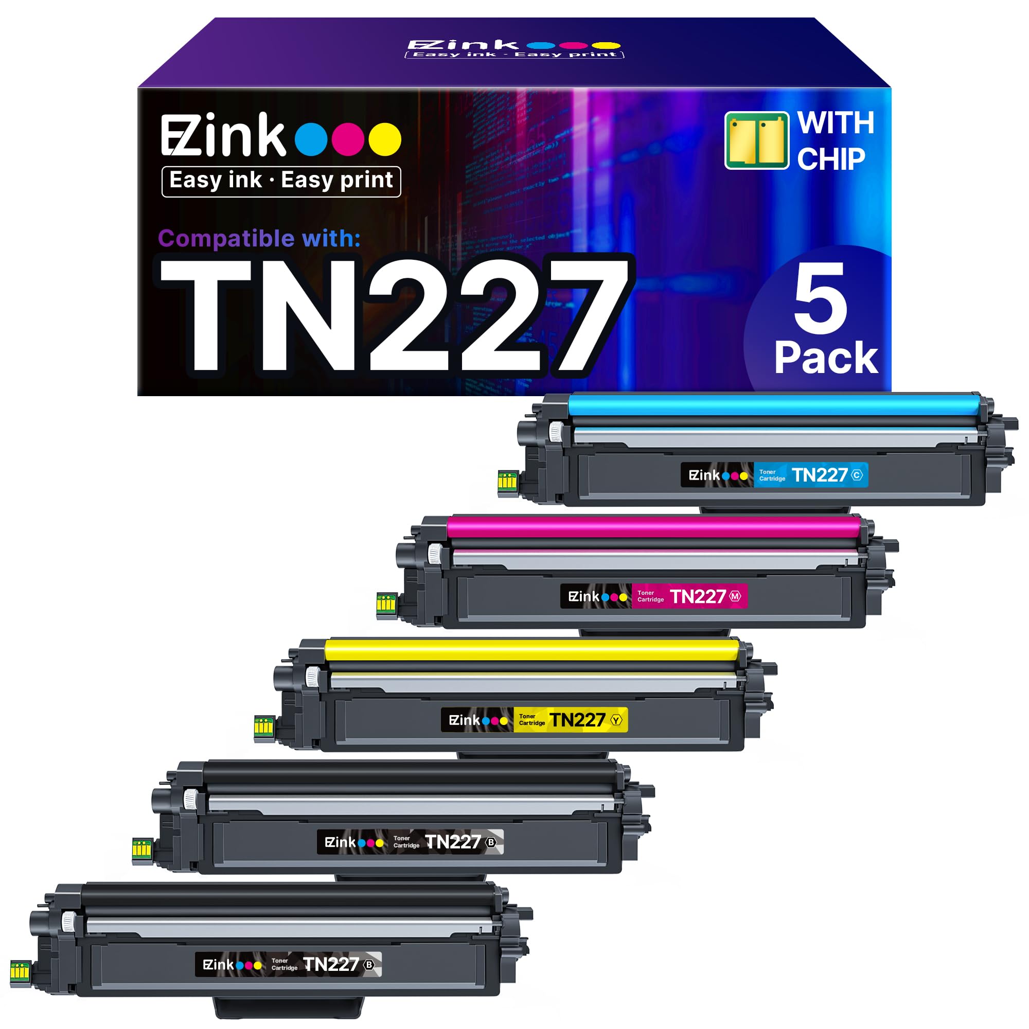 E-Z Ink TN-227 TN227 Compatible Toner Cartridge Replacement for Brother TN227 TN223 TN-227BK/C/M/Y High Yield Brother for Brother HL-L3270CDW MFC-L3770CDW HL-L3290CDW MFC-L3710CW (5 Pack)