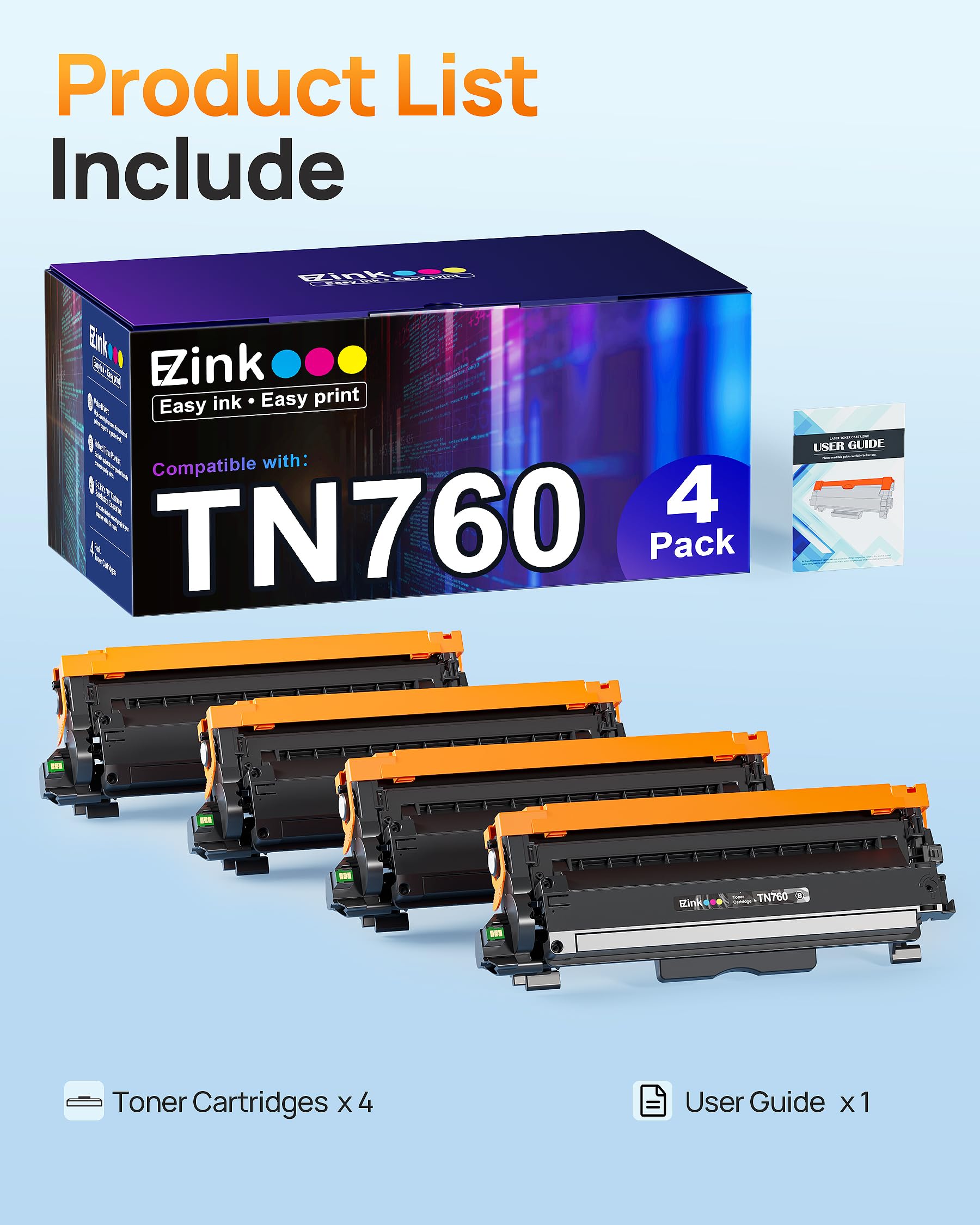 E-Z Ink TN760 Toner for Brother Printer Compatible for Brother TN-760 TN730 TN-730 Toner Cartridges to Use with MFC-L2710DW MFC-L2750DW HL-L2350DW HL-L2370DW HL-L2395DW L2390DW DCP-L2550DW (4 Black) - Image 4
